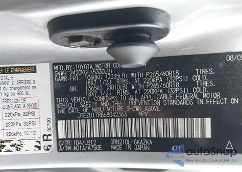 2006 Toyota 4Runner Limited V6 z USA, uszkodzony, nr VIN JTEZU17R868042363